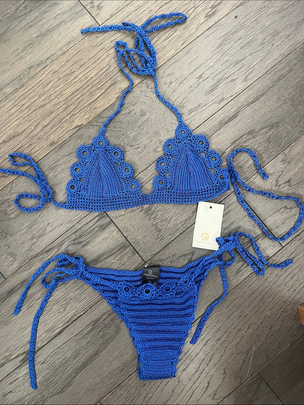 Hand-Crocheted Royal Blue Tie Bikini Set - Women Swim